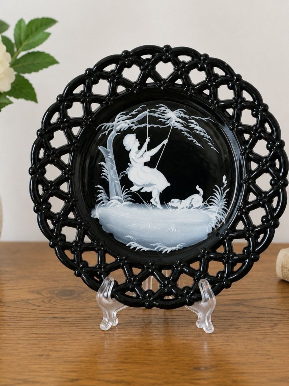 Westmoreland Mary Gregory Black Glass Hand-Painted Plate